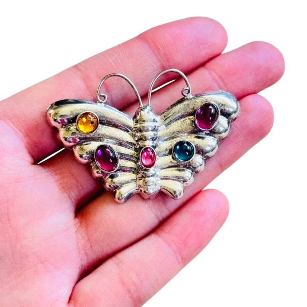 Art Deco Sterling Silver Butterfly Moth Brooch Pin VTG Candy Gemstone Cabochon